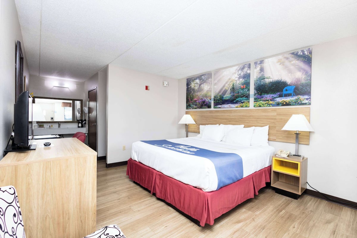 Habitación de hotel con cama, lámparas de noche, televisor, escritorio y una ventana grande con vistas a un jardín.