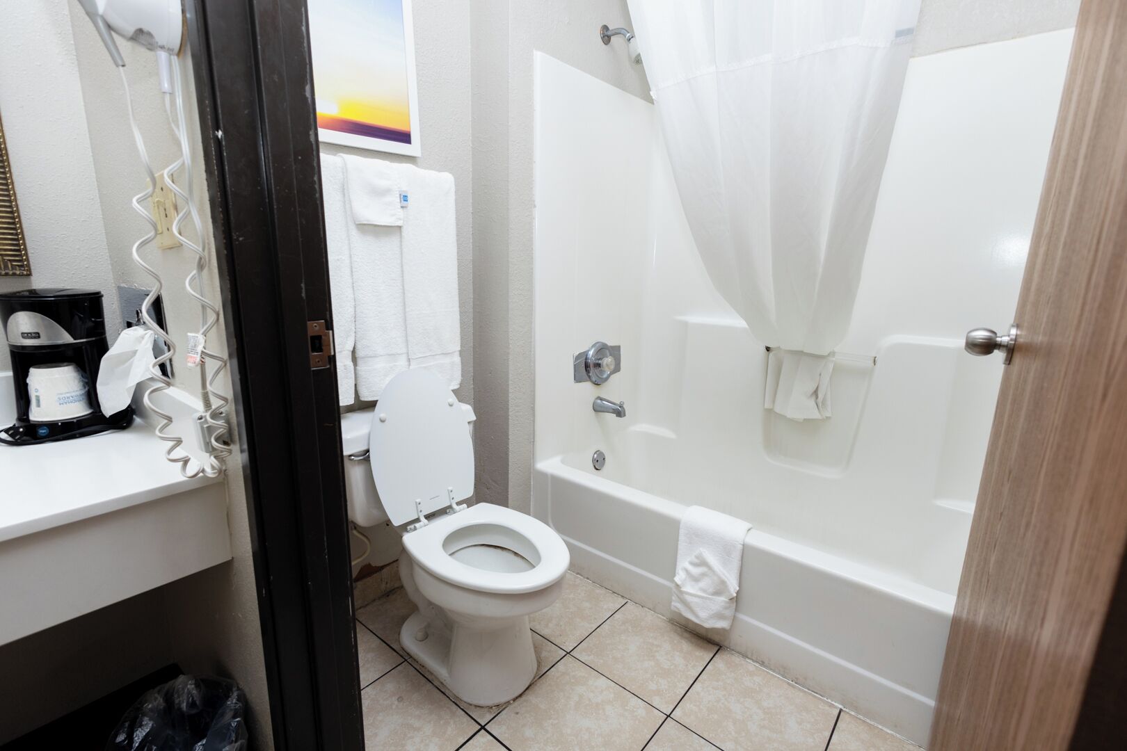 A bathroom with a toilet, a shower with a curtain, and a coffee maker on the counter.