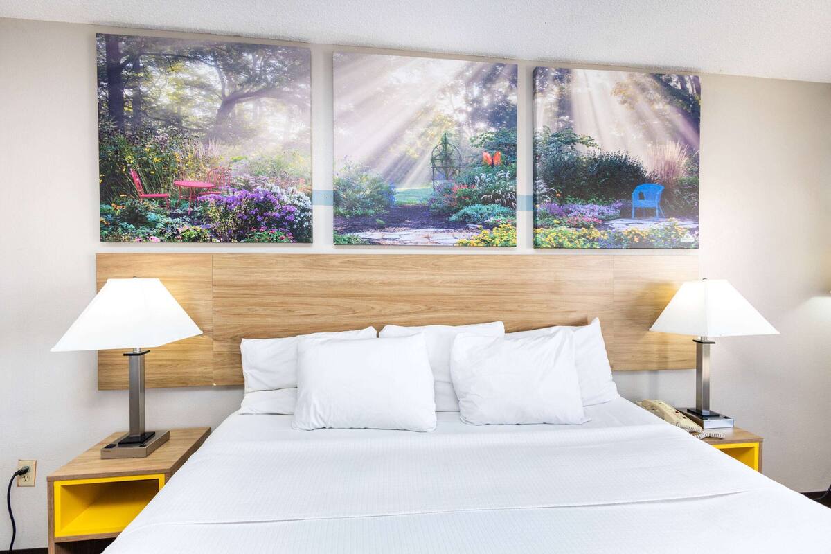 Habitación de hotel con cama, dos mesitas de noche con lámparas, cabecera de madera y una gran obra de arte con motivos de jardín sobre la cama.