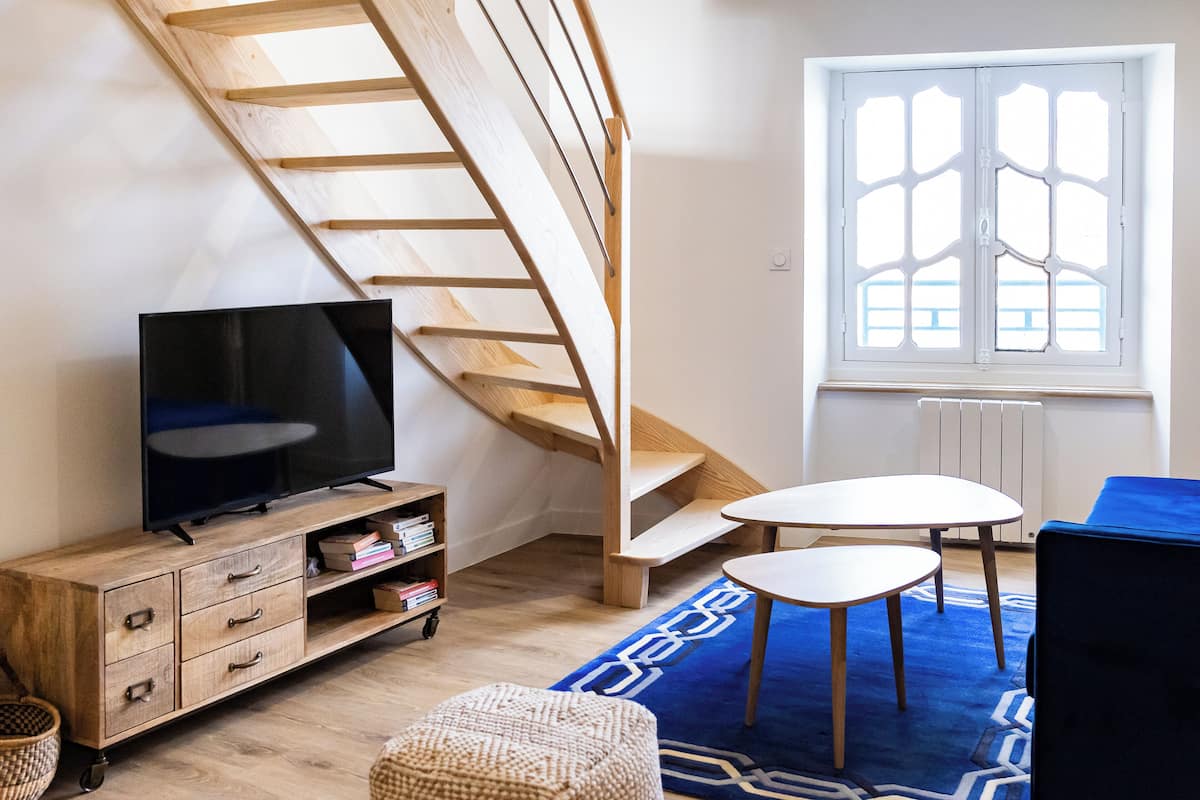 Departamento de lujo, 1 cama matrimonial y sofá cama | Área de sala de estar | Televisión de pantalla plana de 19 pulgadas con canales digitales