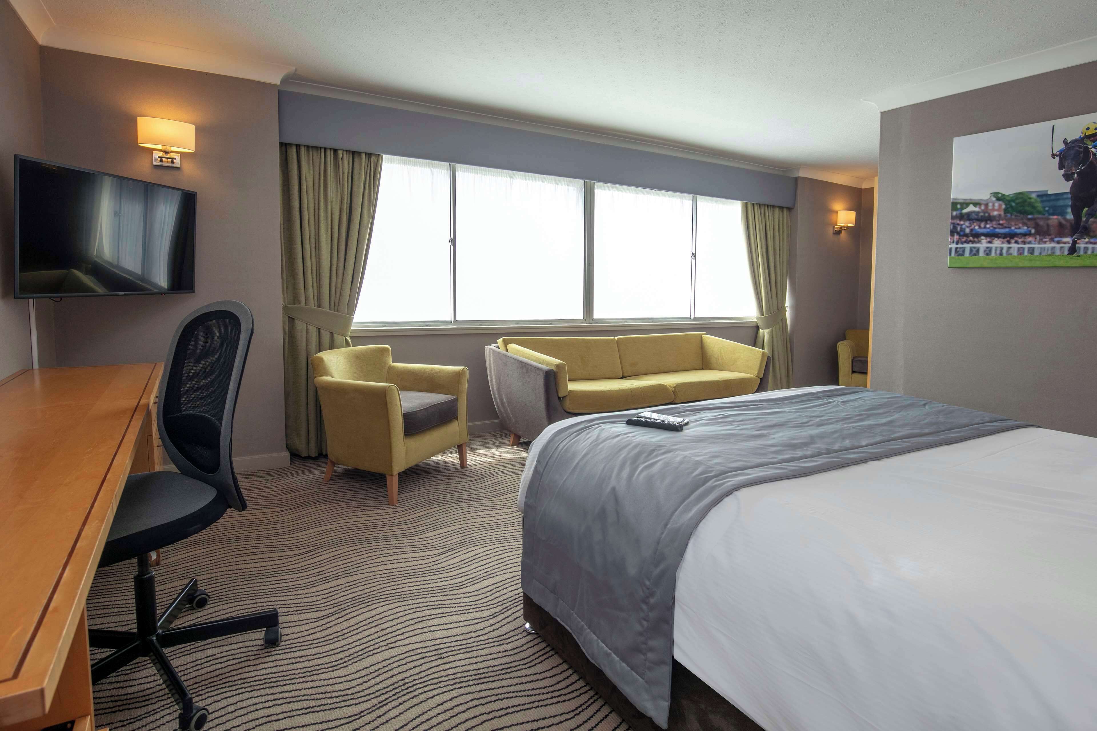 A hotel room with a bed, a desk, a chair, a sofa, a TV, and a window with curtains.