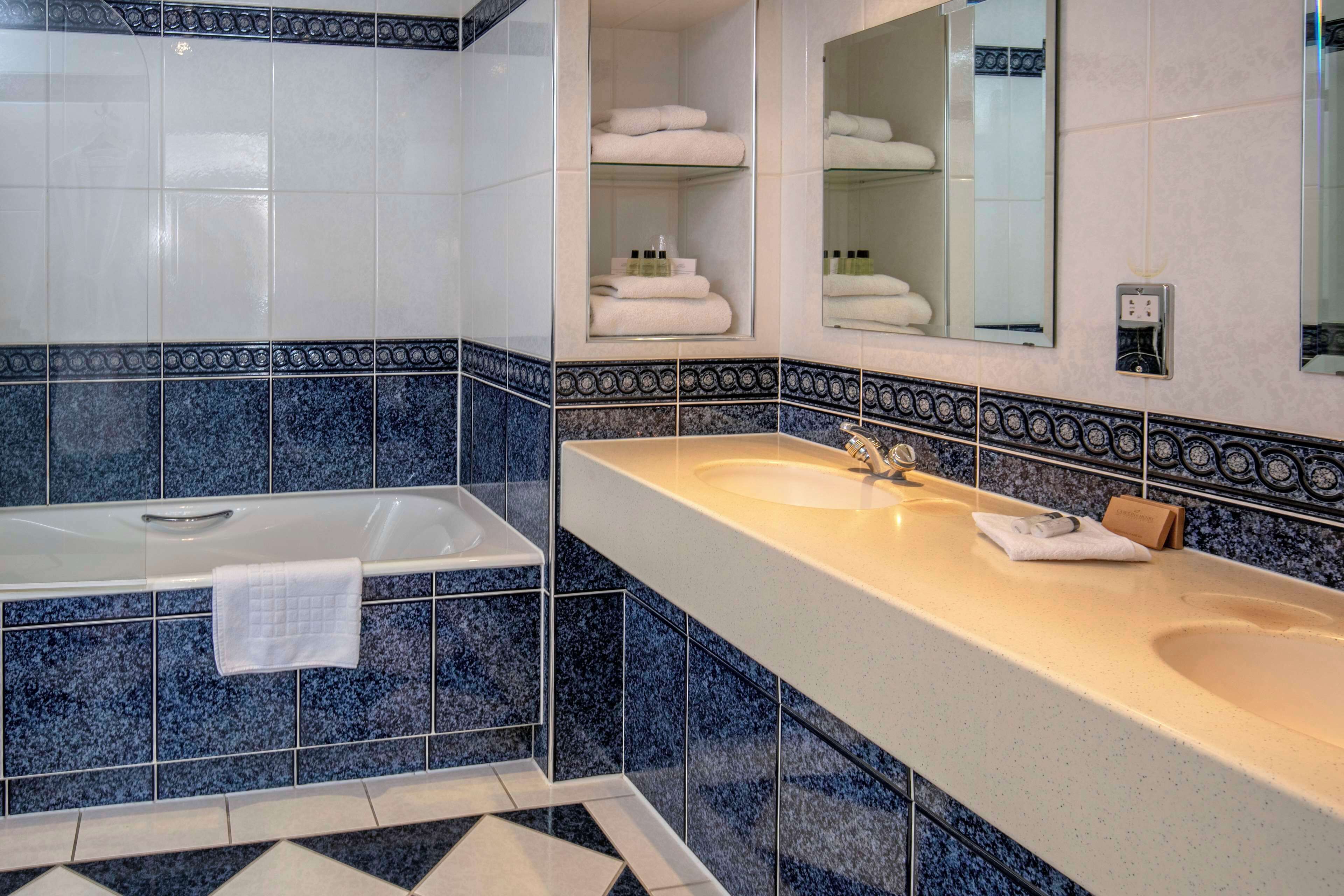 combined shower/bathtub, free toiletries, hair dryer, towels