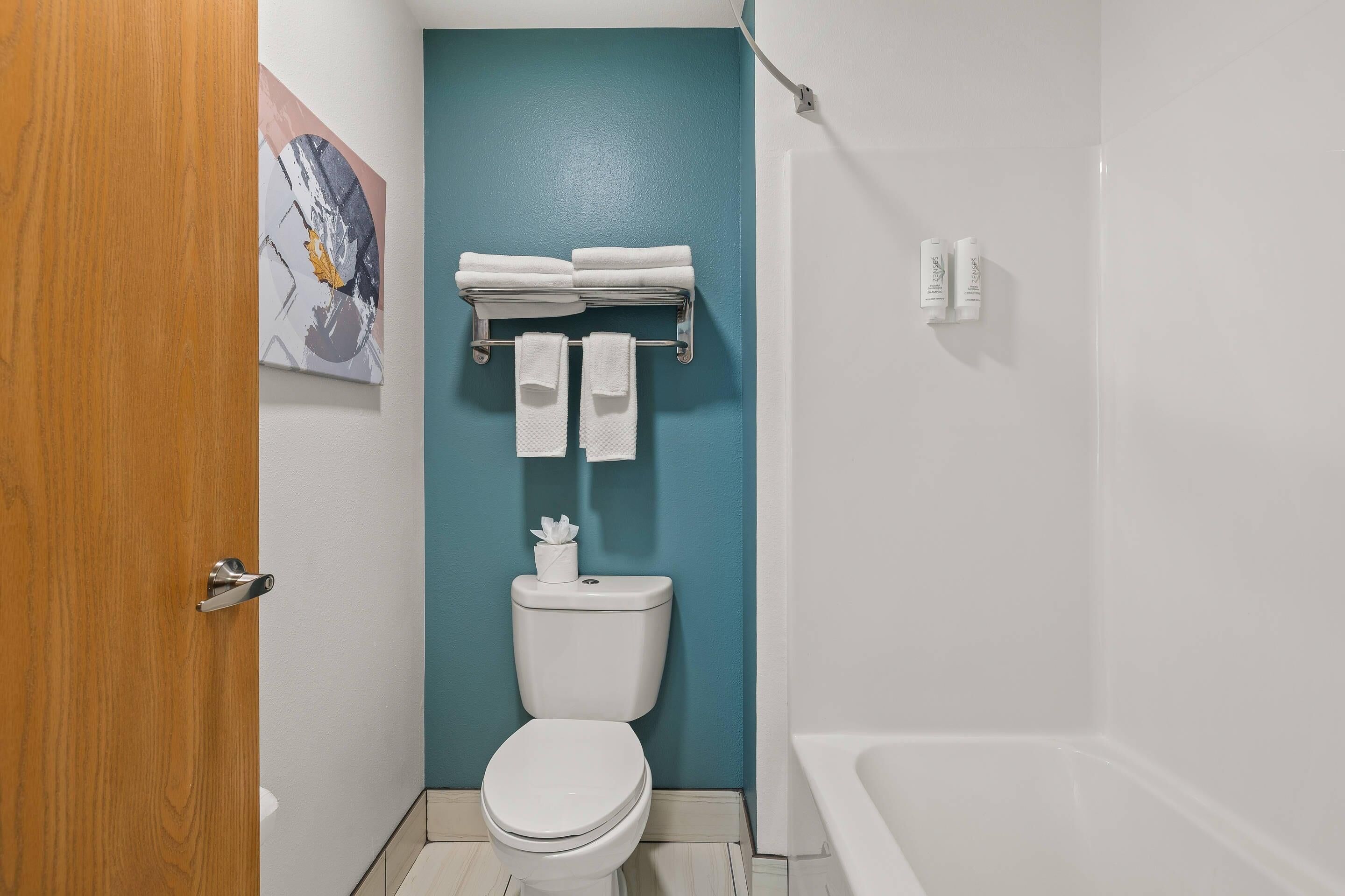 Un baño con inodoro, perchero con toallas, un cuadro en la pared y una bañera.