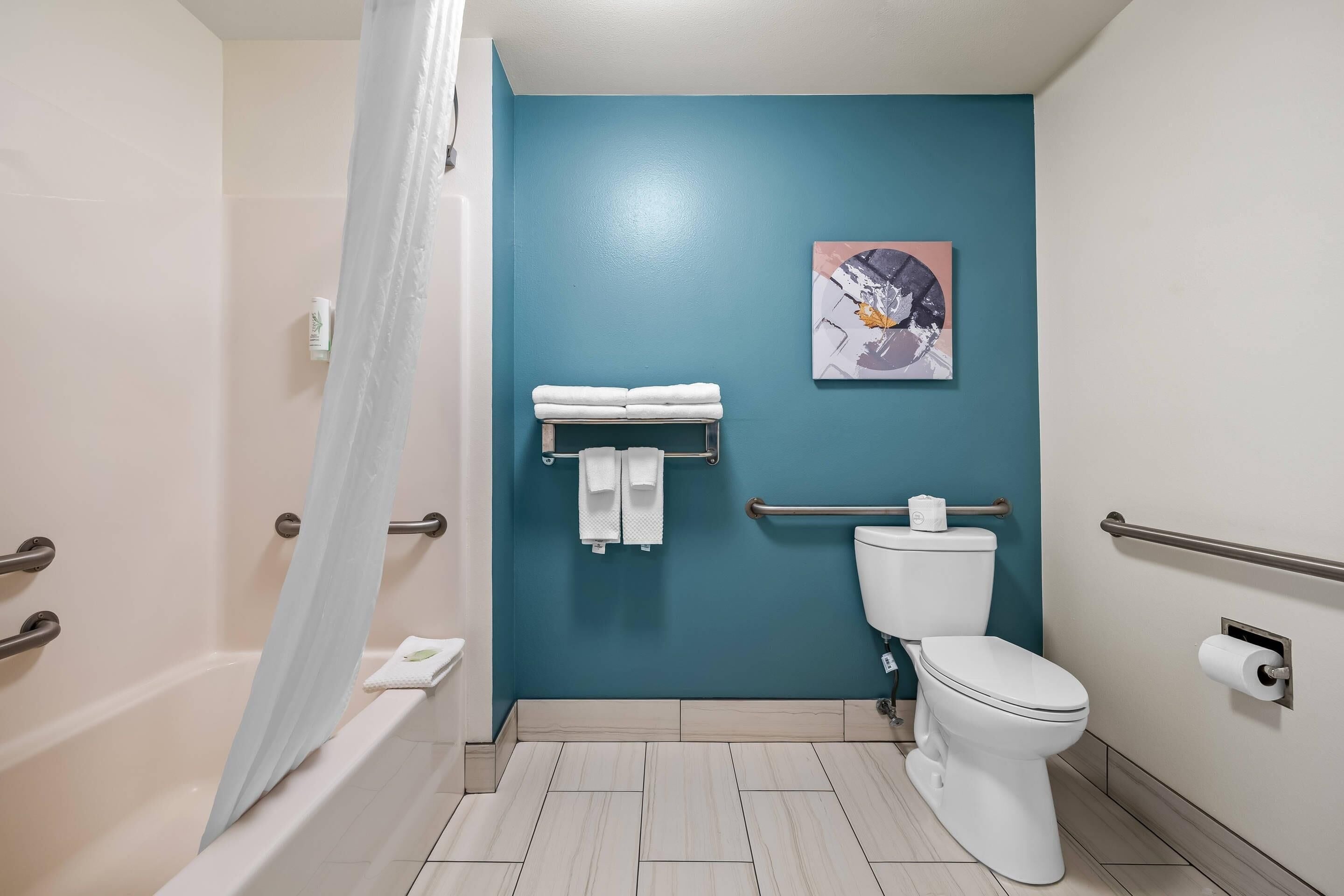 Une salle de bain avec une baignoire, des toilettes et un rideau de douche.