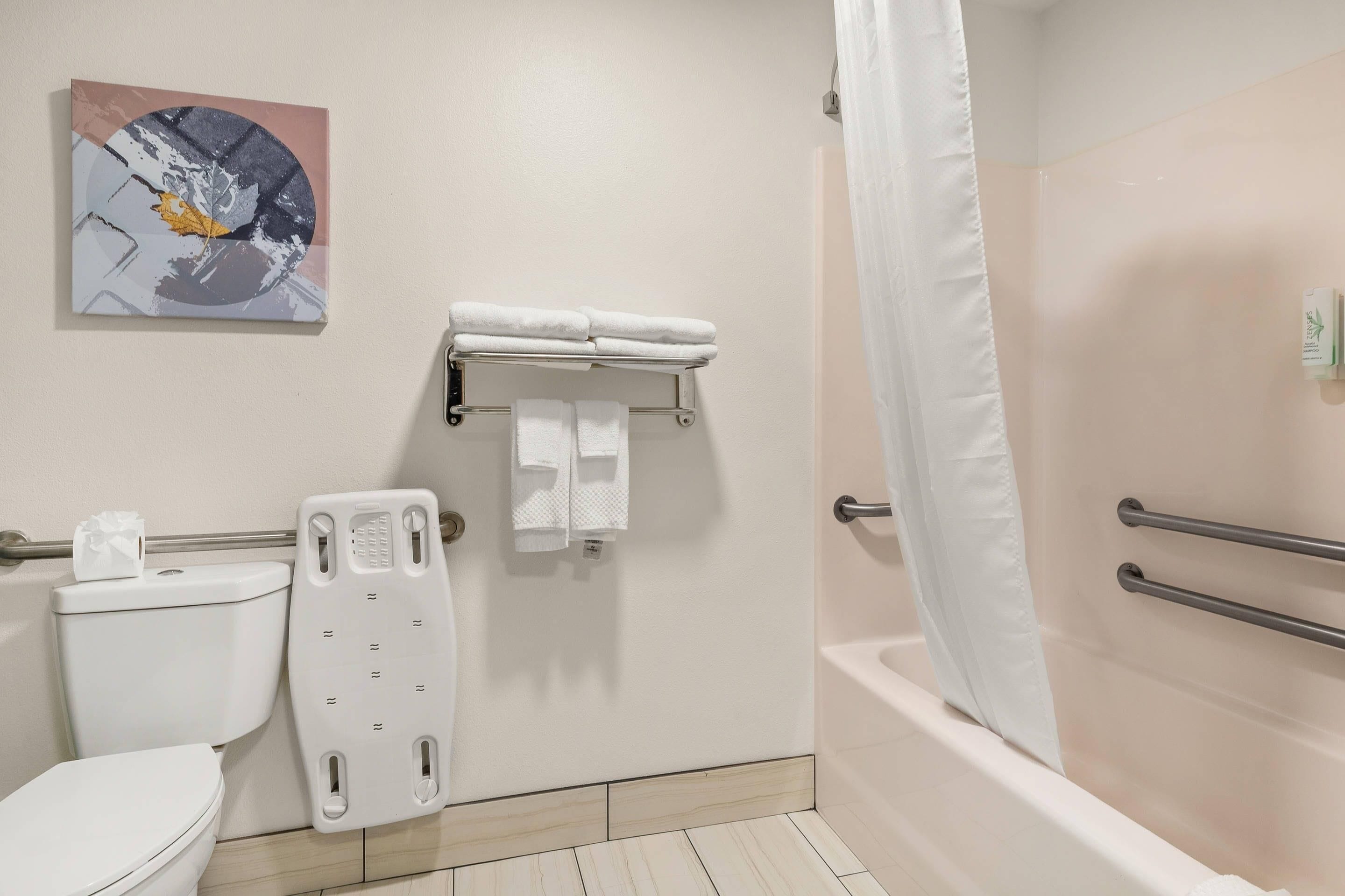 Un baño con inodoro, ducha con cortina, toallero con toallas y dispensador de papel higiénico en la pared.