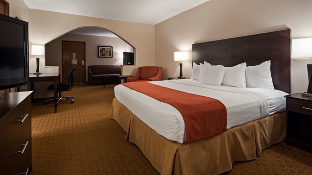 Una habitación de hotel con una cama grande, un escritorio, una silla, un televisor y un sofá.