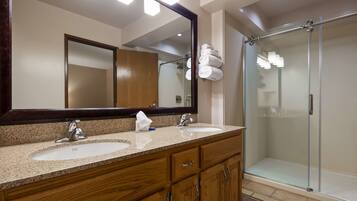 Combined shower/tub, free toiletries, hair dryer, towels