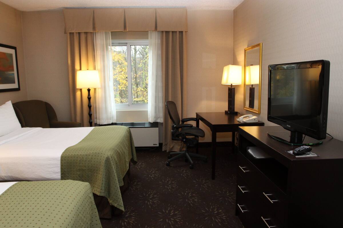 A hotel room with two beds, a desk with a computer and telephone, a television, and a chair.