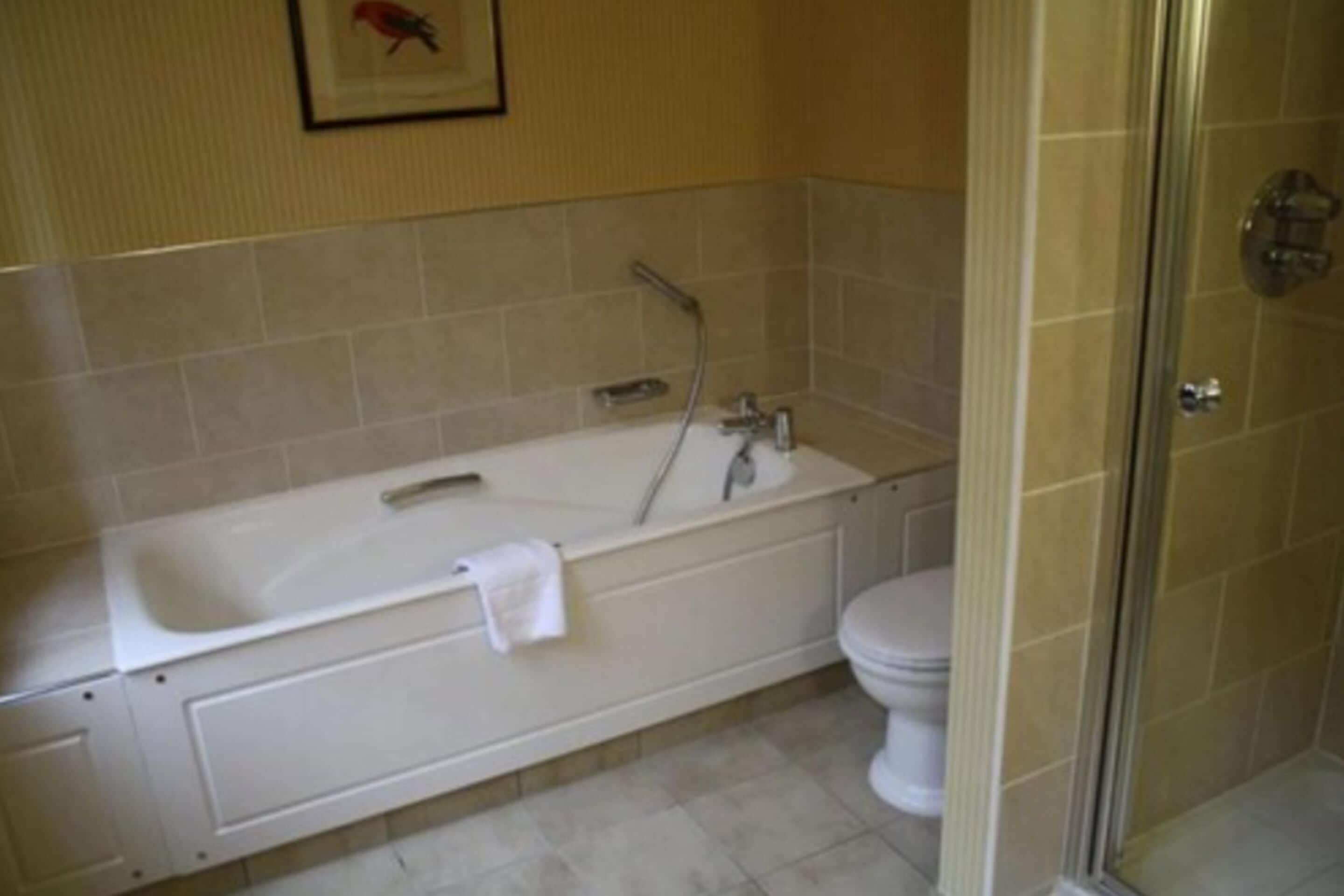 A bathroom with a bathtub, a toilet, and a shower area.