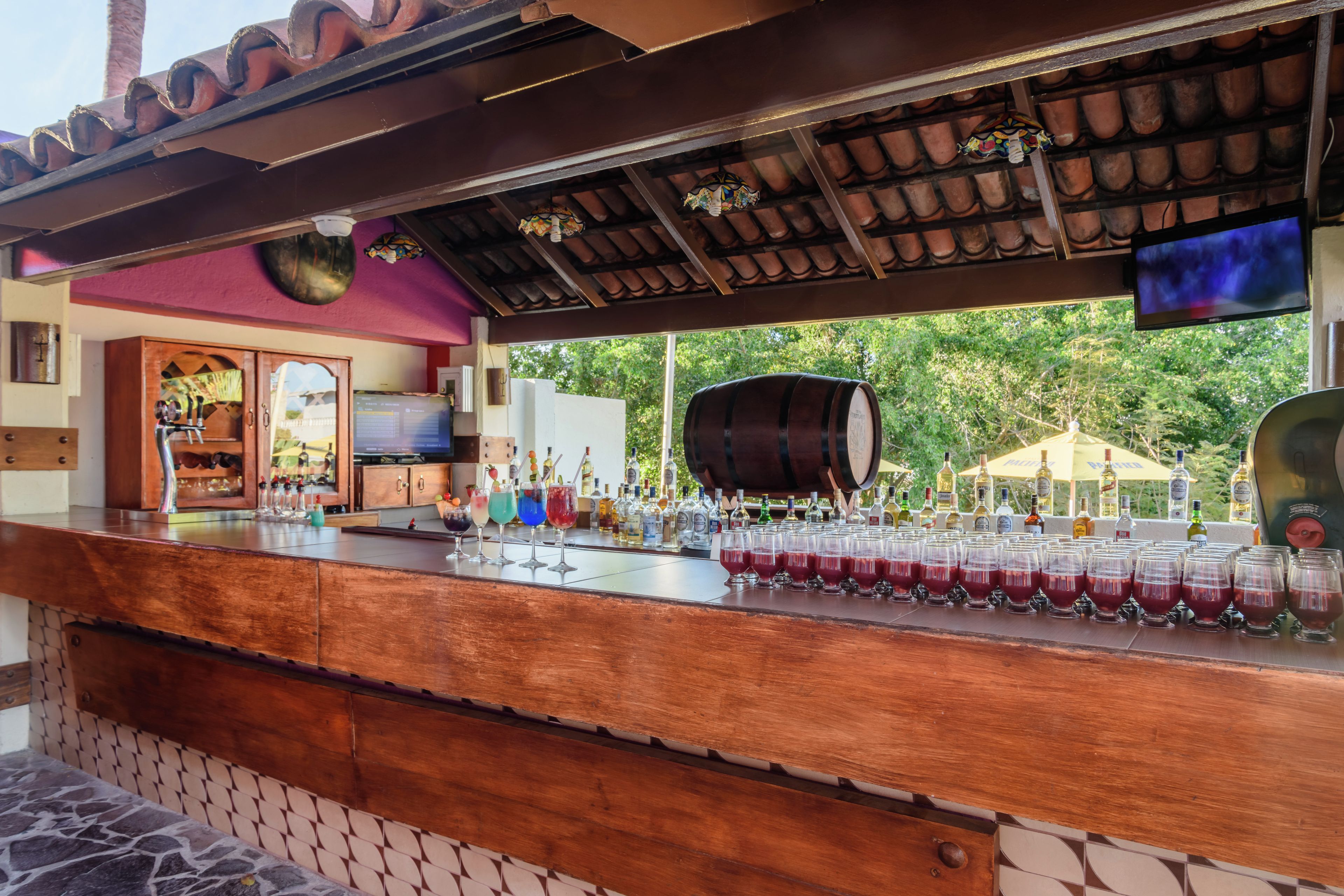 A bar area with a wooden counter, a television mounted on the wall, and a view of the outdoors.