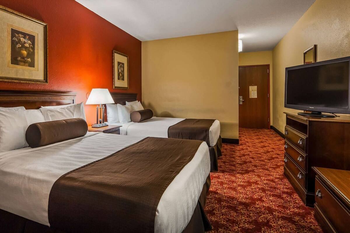A hotel room with two beds, a television, a lamp, and a dresser.