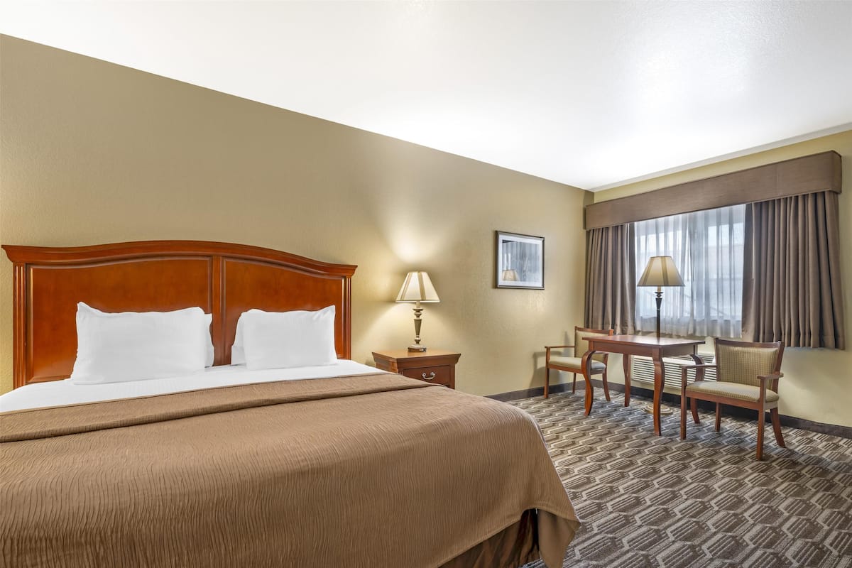 A hotel room with a large bed, a desk, a chair, a lamp, and a window with curtains.