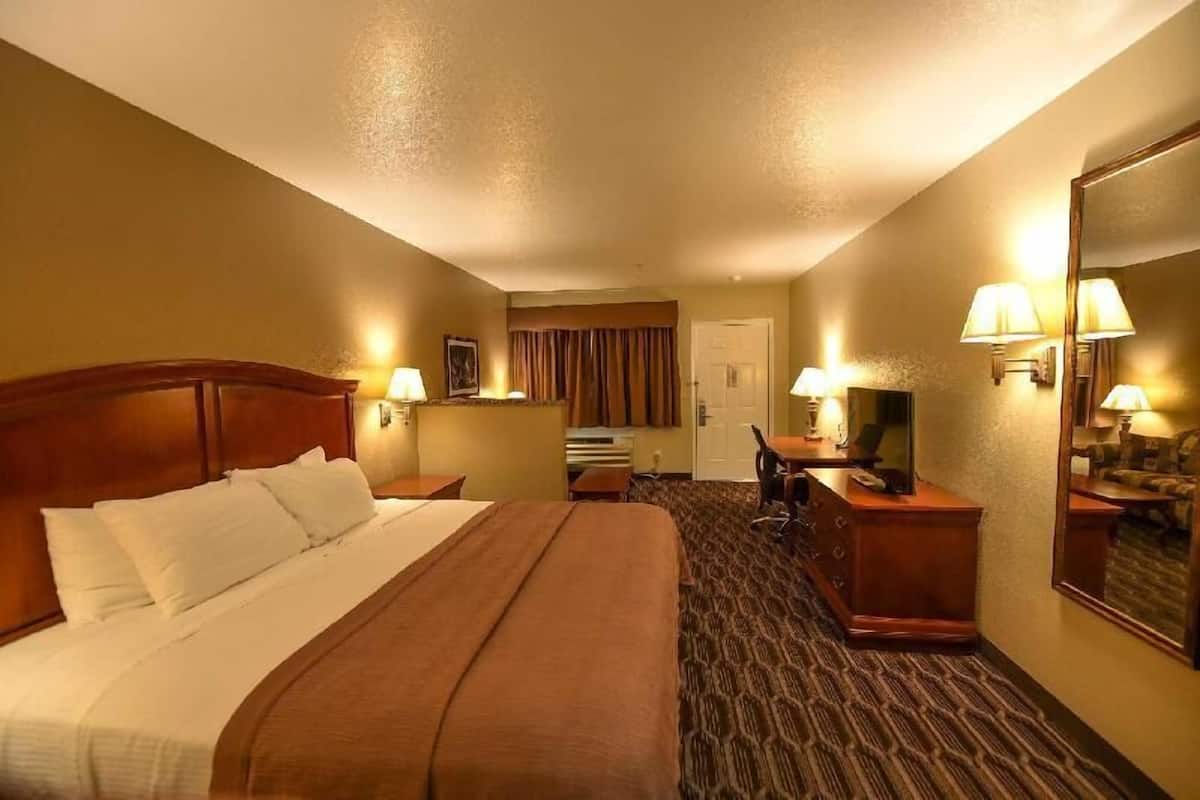 A hotel room with a large bed, a desk, a chair, a TV, and a mirror.