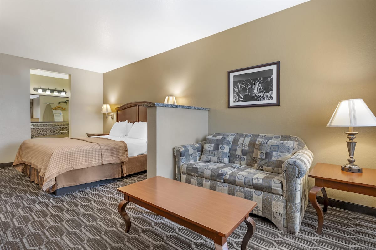 A hotel room with a bed, a sofa, a table, and a lamp.