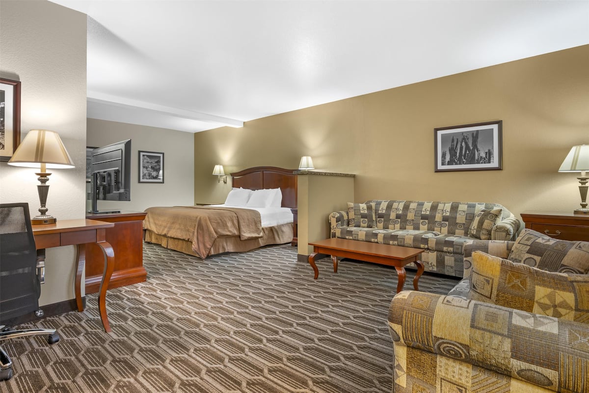 A hotel room with a bed, a sofa, a desk with a lamp, and a television.