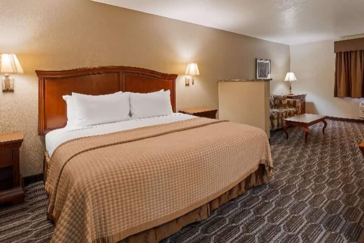 A hotel room with a large bed, two bedside tables, a desk, a chair, a lamp, a television, and a patterned carpet.