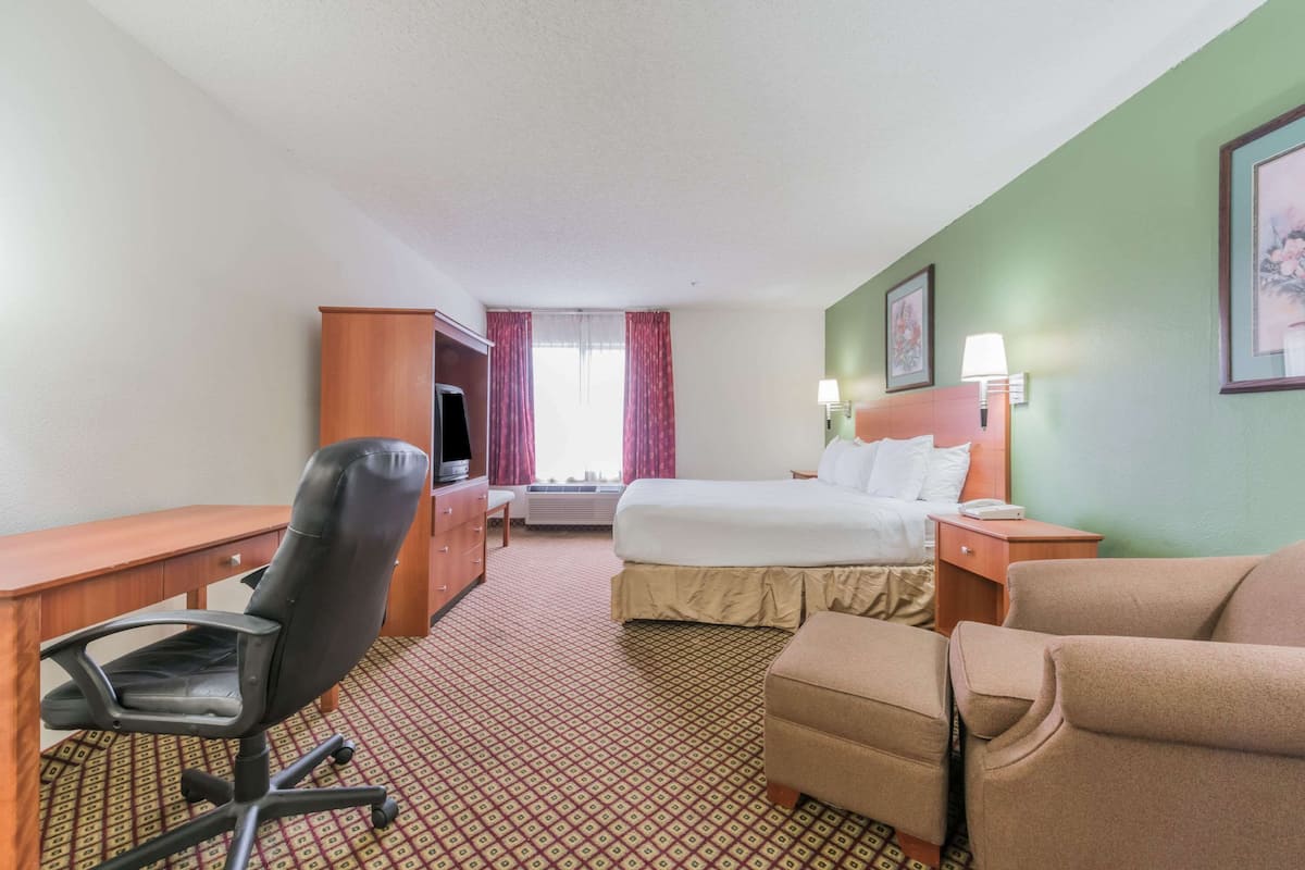 A hotel room with a bed, a desk, a chair, a TV, and a lamp.