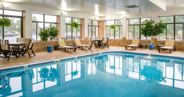 Indoor pool, open 8:00 AM to 10:00 PM, pool loungers