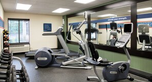 A gym with treadmills, elliptical machines, and dumbbells.