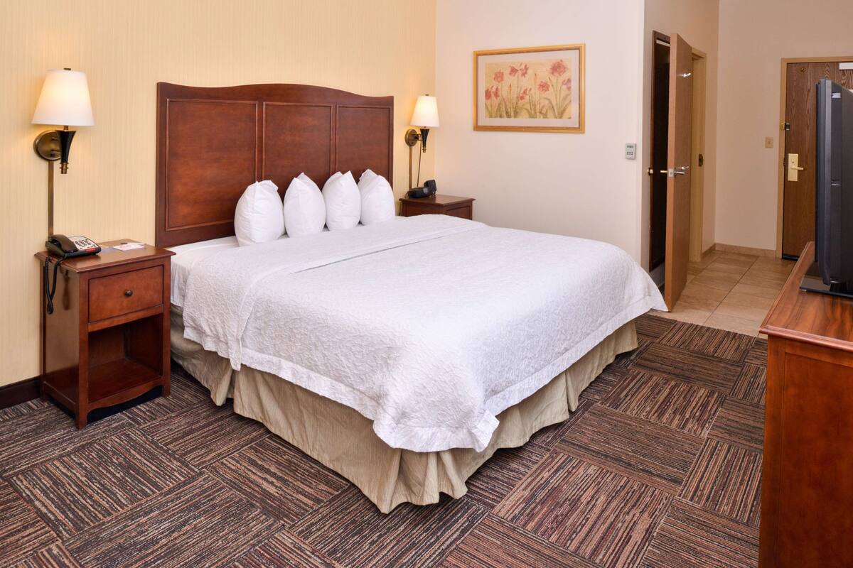 A hotel room with a large bed, two bedside tables with lamps, a telephone, a wall-mounted painting, and a door leading to another room.