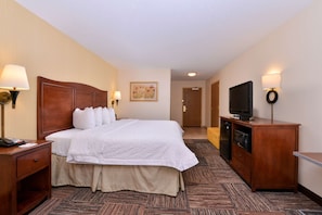 Down comforters, desk, laptop workspace, blackout drapes