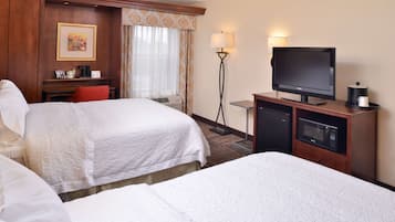 Down comforters, desk, laptop workspace, blackout drapes