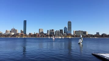 Un paisaje urbano frente al agua con veleros y un cielo azul despejado.