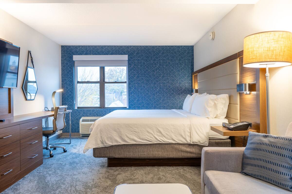A hotel room with a large bed, a desk, a chair, a TV, and a window with a view.
