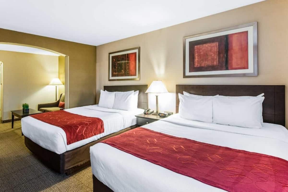 A hotel room with two beds, a nightstand, a lamp, and a framed picture on the wall.
