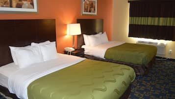 Desk, laptop workspace, blackout drapes, iron/ironing board