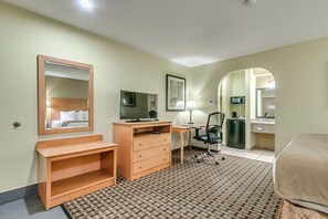 Desk, laptop workspace, blackout drapes, free WiFi