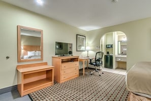 Desk, laptop workspace, blackout drapes, free WiFi