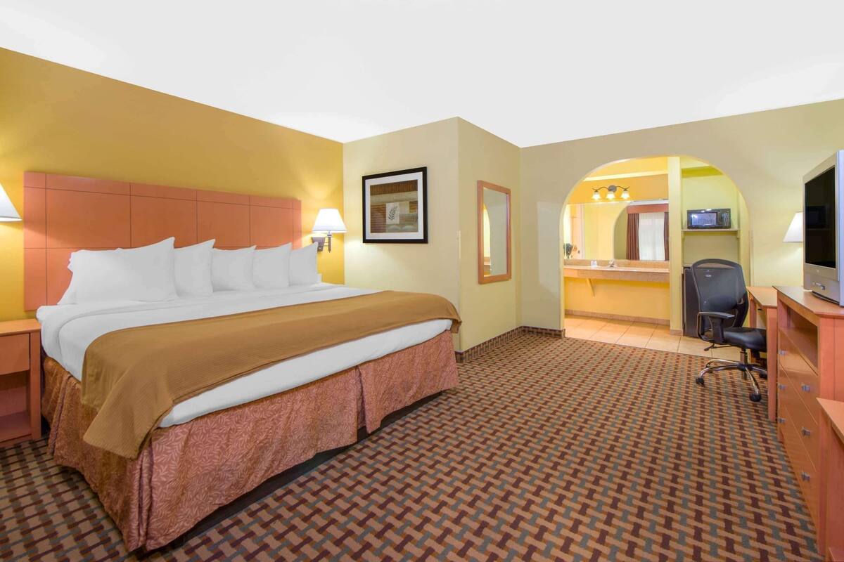 A hotel room with a bed, a desk, a chair, a mirror, and a television.