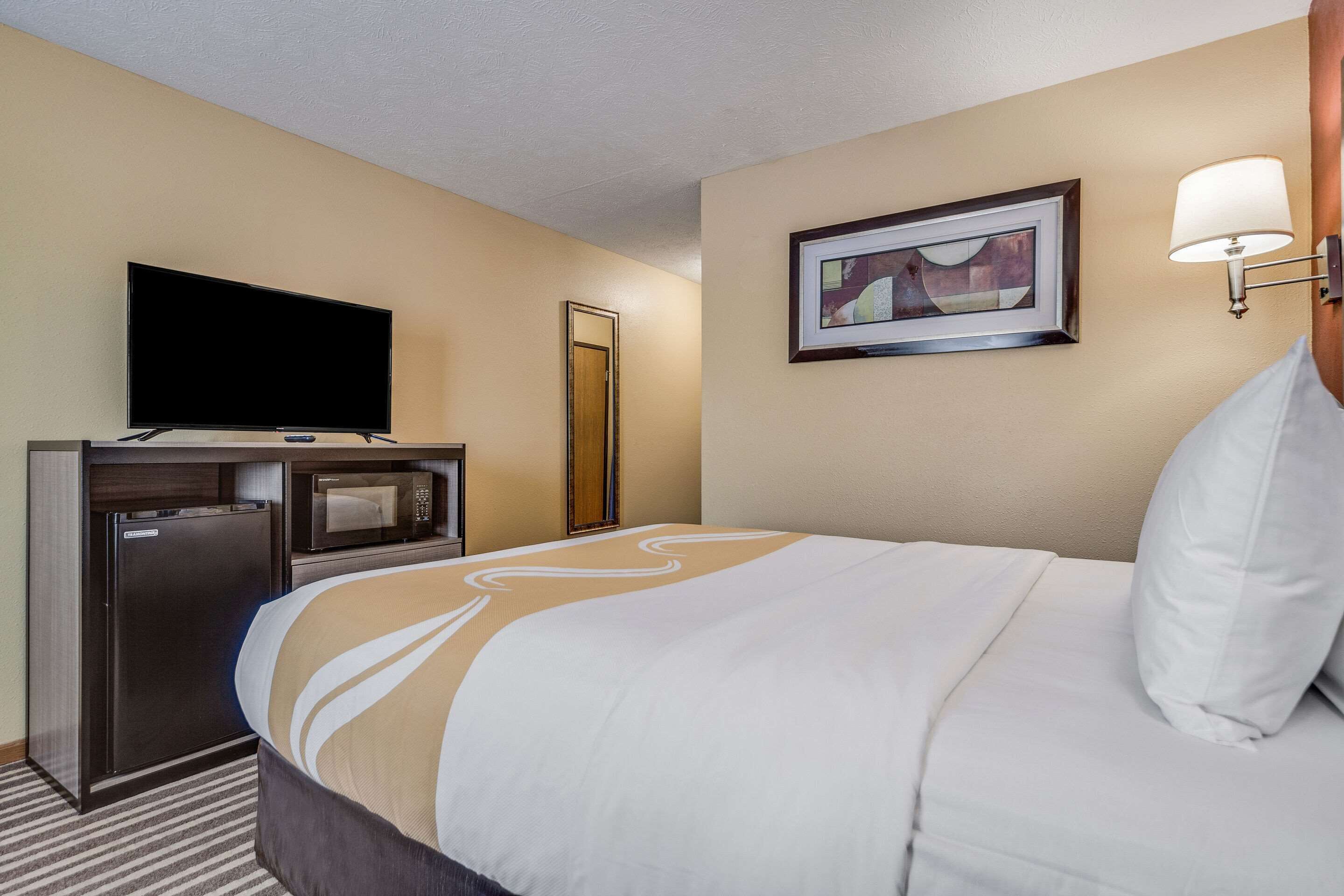 Habitación de hotel con cama, televisión de pantalla plana, microondas y refrigerador.