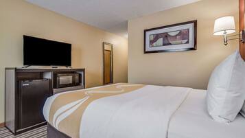 Habitación de hotel con cama, televisión de pantalla plana, microondas y refrigerador.