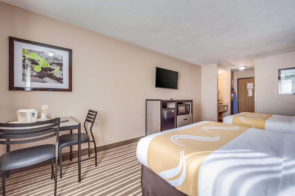 A hotel room with a bed, a desk with chairs, a television, and a microwave.