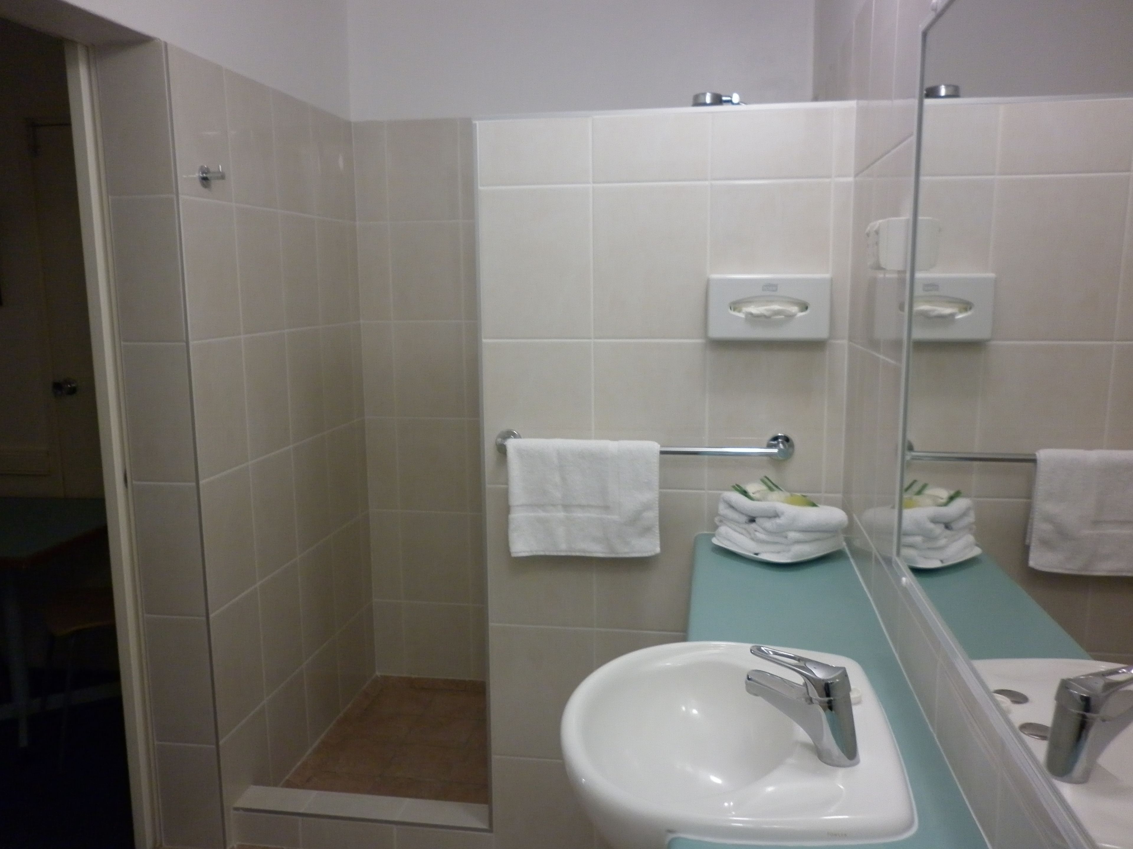 A bathroom with a shower, a sink, and a mirror.