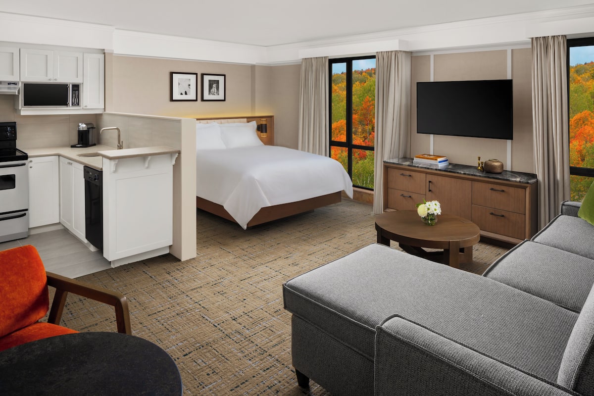 A hotel room with a bed, a desk with a microwave, a TV, a sofa, and a view of autumn trees.