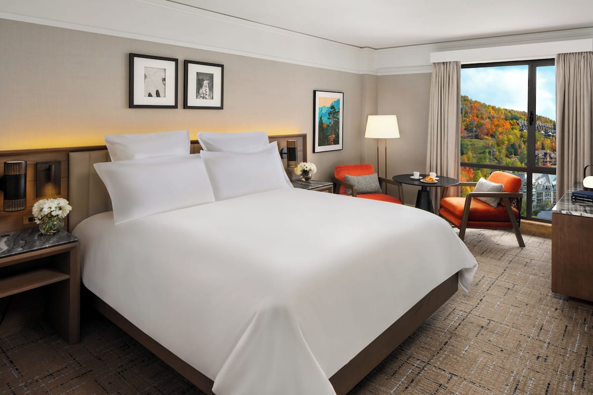 A hotel room with a large bed, a desk with a lamp, a chair, and a view of a mountainous landscape.