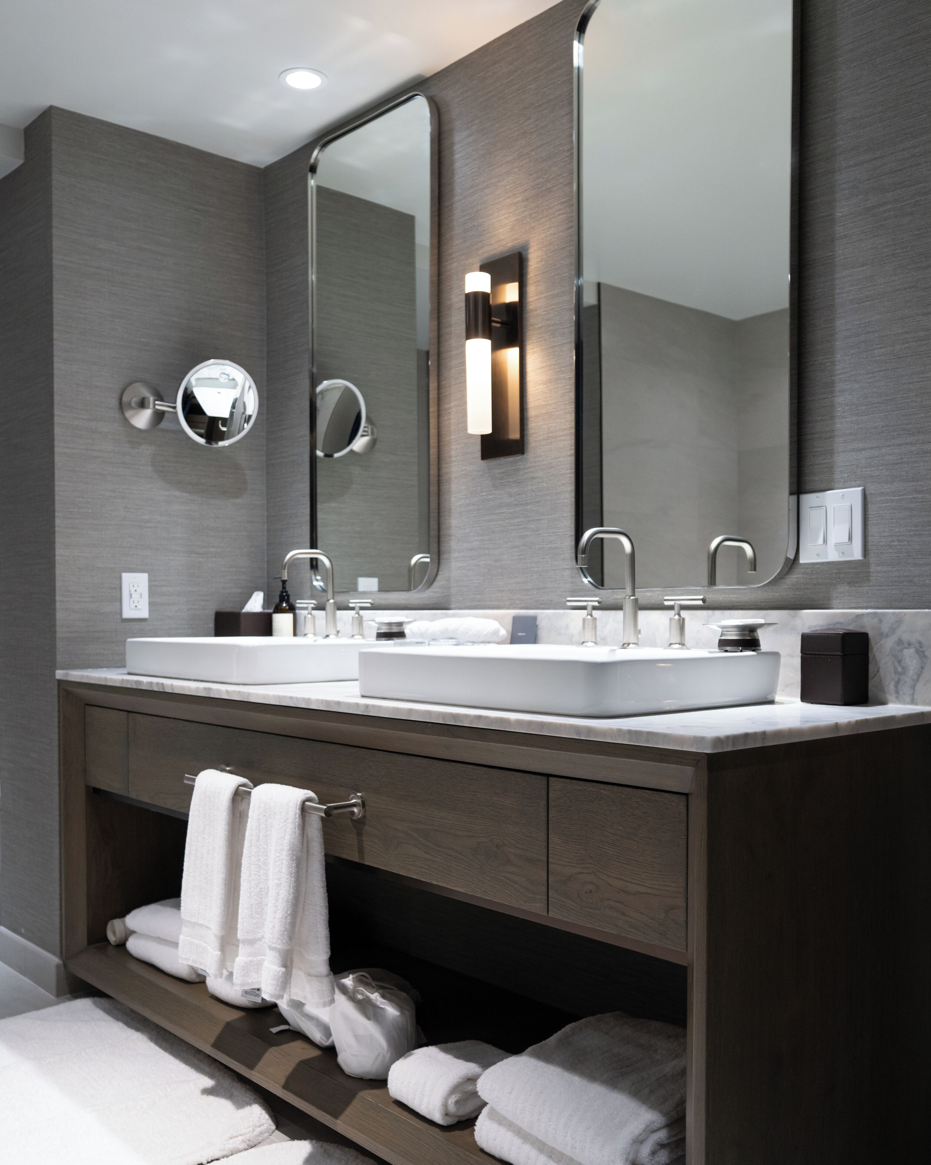 designer toiletries, hair dryer, bathrobes, towels