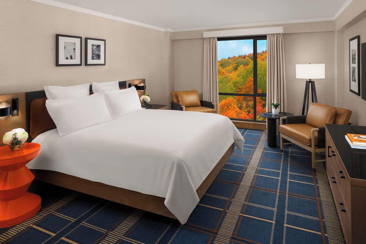 A hotel room with a large bed, a desk, a chair, a lamp, and a view of autumn foliage through the window.