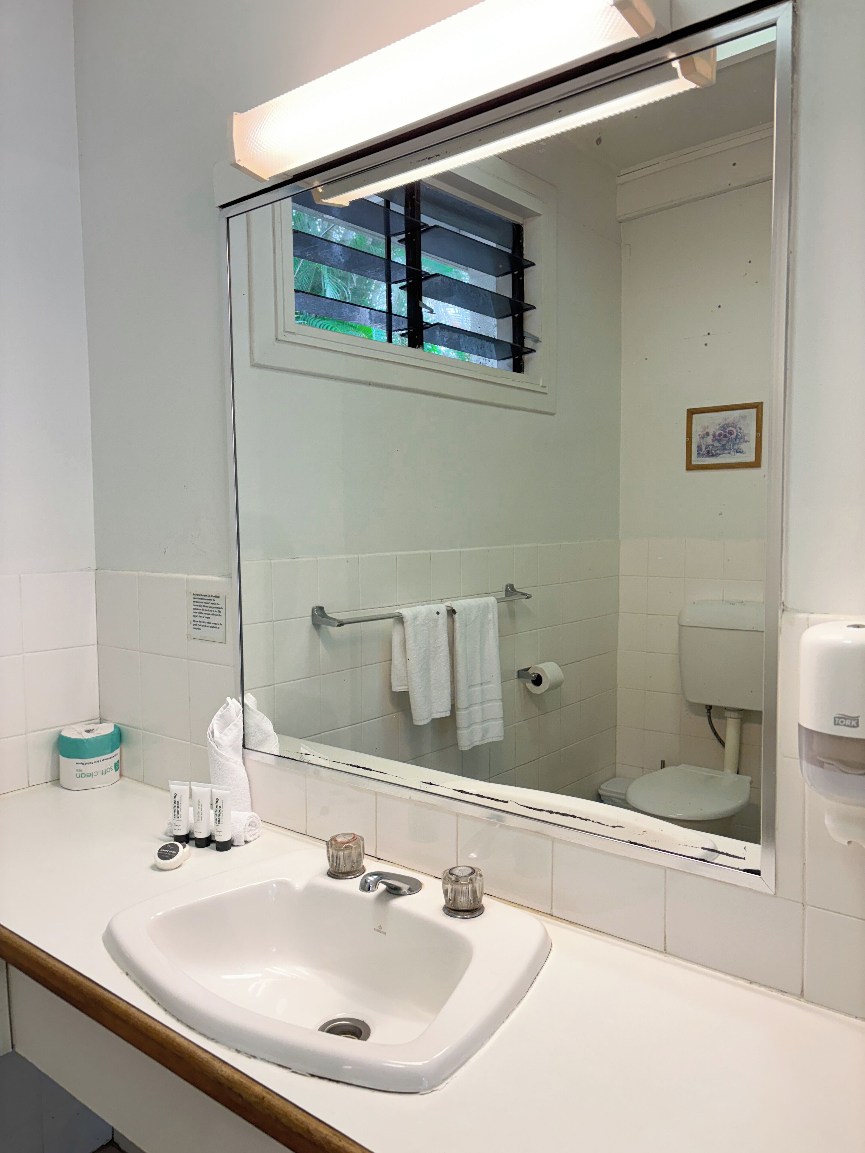 Un bany amb un lavabo blanc, un mirall, una finestra amb persianes, un penjallinus i un vàter.