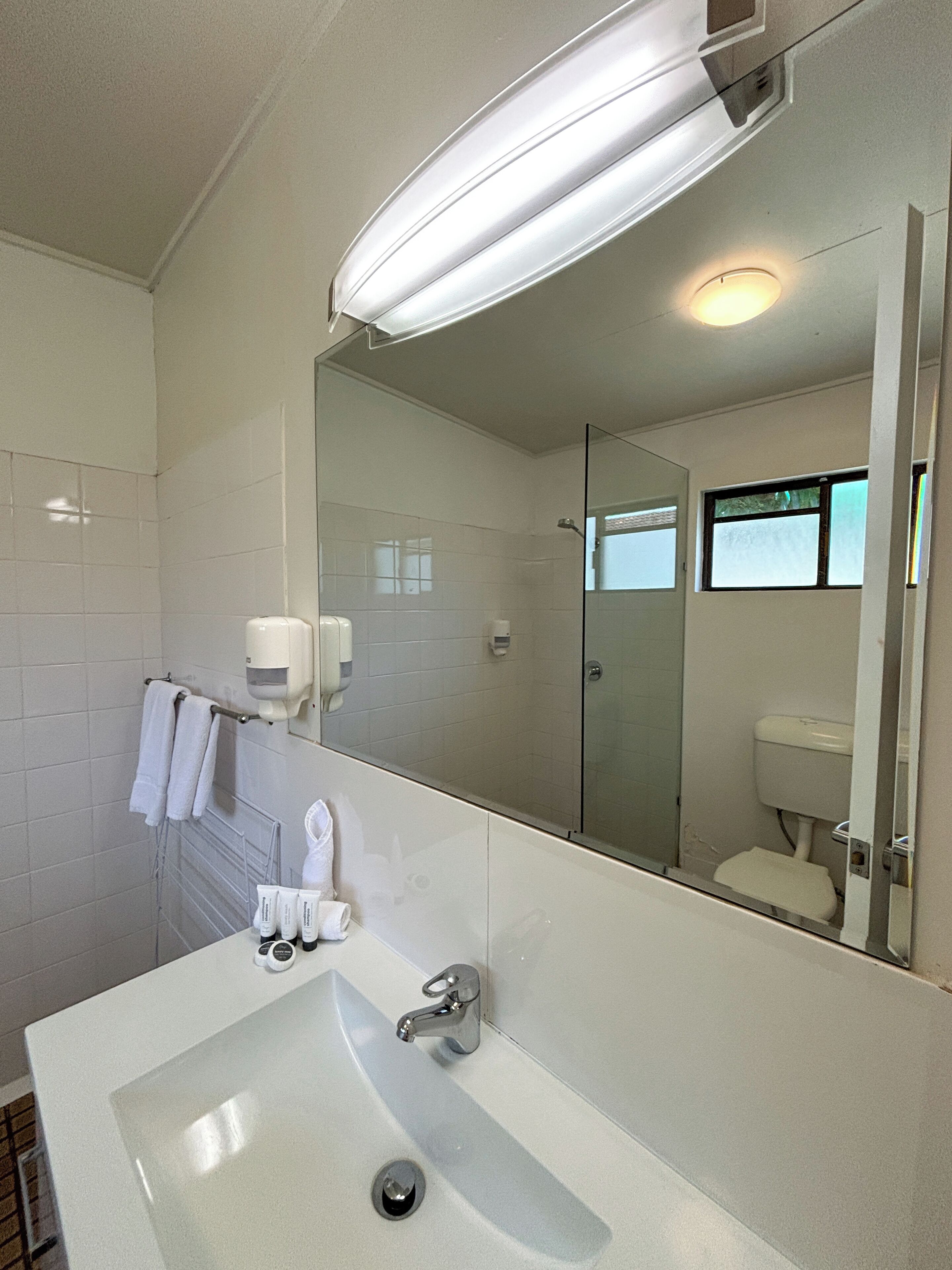 A modern bathroom with a large sink, a glass shower enclosure, and a mirror reflecting the room.