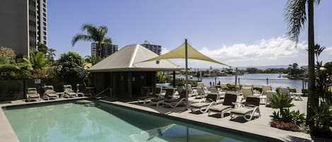 Outdoor pool, free cabanas, pool umbrellas