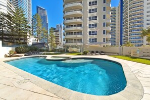 Indoor pool, outdoor pool, open 7:00 AM to 8:00 PM, pool loungers