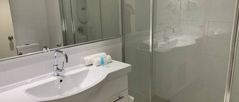 A modern bathroom with a glass-enclosed shower, a white sink, and a mirror above it.