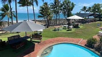 3 outdoor pools, open 8:00 AM to 9:00 PM, pool umbrellas, pool loungers