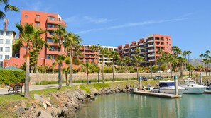 A marina with boats, a stone wall, and palm trees. - Hotel Coral And Marina (Ensenada)