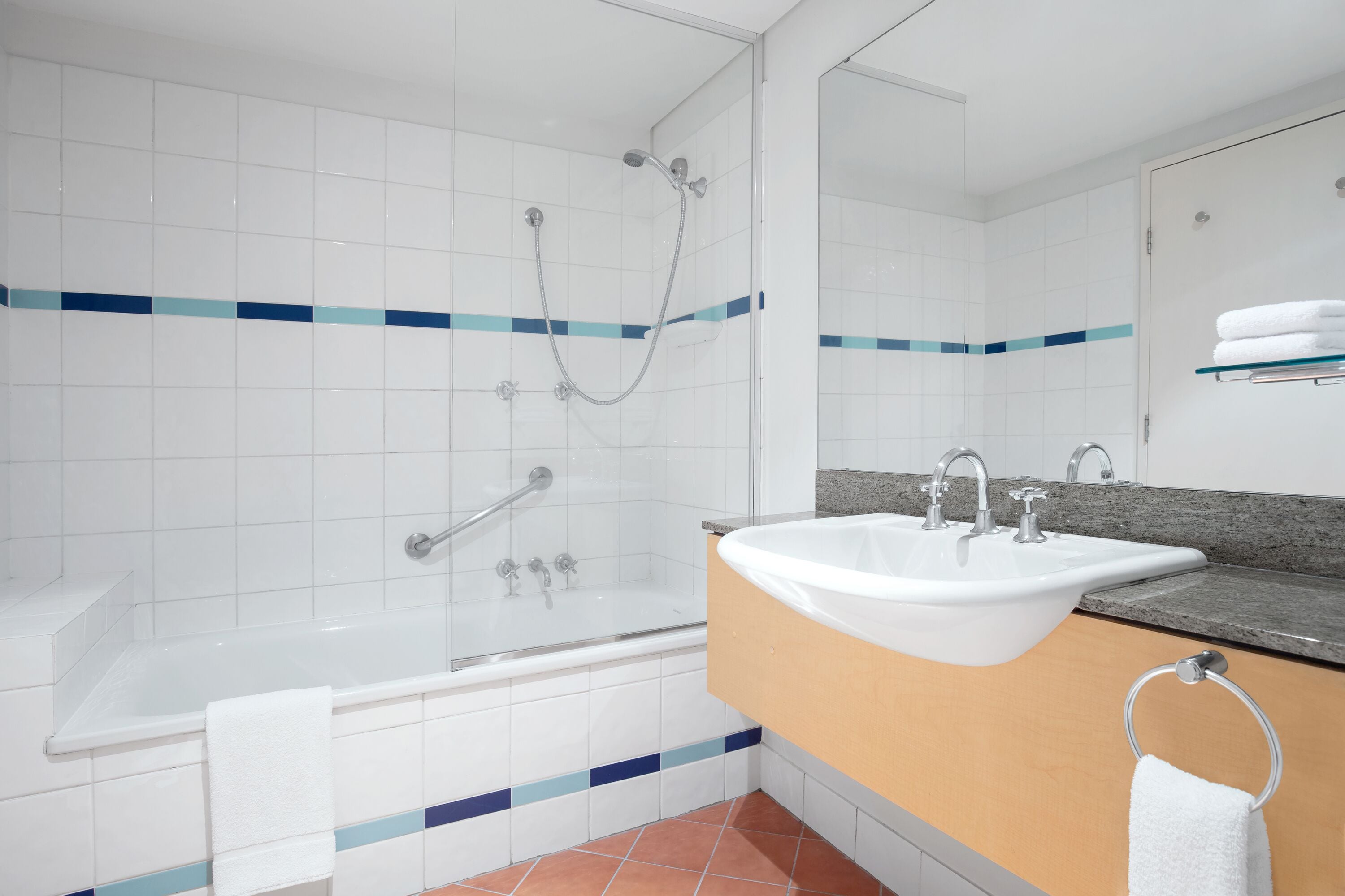 combined shower/bathtub, free toiletries, hair dryer, towels