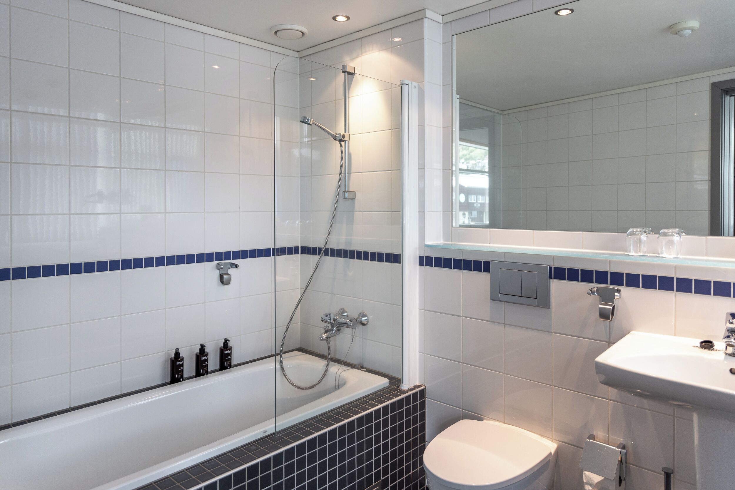 A modern bathroom with a bathtub, shower, and toilet.